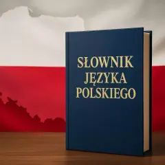 Granatowy słownik języka polskiego na tle polskiej flagi i mapy Polski.