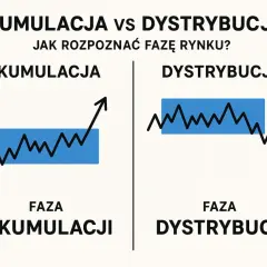 Wykresy porównujące fazę akumulacji (wzrost) i dystrybucji (spadek) na rynku.