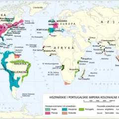 Mapa przedstawia kolonialne imperia Hiszpanii i Portugalii pod koniec XVI wieku. Zambo, jako symbol handlu, był kluczowy dla tych imperiów.