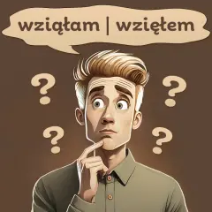 Zamyślony mężczyzna z pytajnikami wokół głowy zastanawia się nad poprawną formą: wzięłam czy wziąłem.