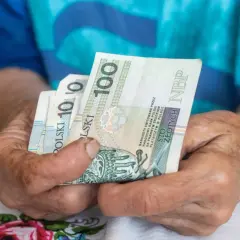 Dłonie trzymają polskie banknoty. Może to symbolizować emeryturę za medal olimpijski, zapewniającą godne życie.
