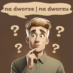 Zamyślony mężczyzna z pytajnikami wokół głowy zastanawia się: na dworze czy na dworzu?