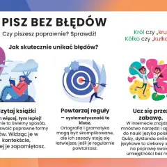 Grafika zachęca do pisania bez błędów, podpowiadając, jak się pisze również: czytaj, powtarzaj reguły i ucz się przez zabawę.