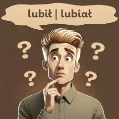 Zastanawiam się, czy lubić czy lubieć. Wokół głowy pytajniki, a w chmurce dylemat językowy.