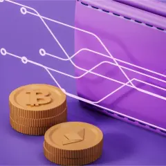Fioletowy portfel z monetami Bitcoin i Ethereum, symbolizujący cyfrowe finanse. Skrill co to? To miejsce, gdzie Twoje kryptowaluty są bezpieczne.
