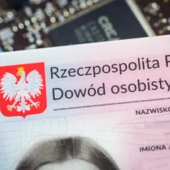 Polski dowód osobisty, z orłem w koronie, leży na płytce drukowanej. To ważny dokument, nawet tymczasowy dowód dla dziecka.