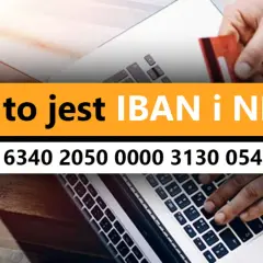 Dłoń trzyma kartę kredytową nad laptopem, obok tekst "Co to jest IBAN i NRB" oraz numer rachunku.