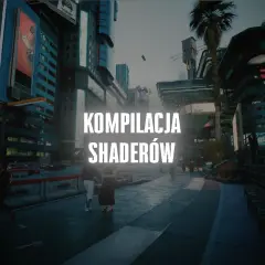 Kompilacja shaderów w futurystycznym mieście. Neonowe światła, wysokie budynki i ludzie spacerujący ulicami.