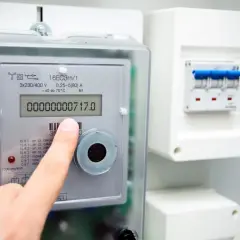 Palec wskazuje licznik prądu, pokazując jak odczytać jego wskazania. Cyfrowy wyświetlacz pokazuje zużycie energii.
