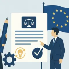 Ilustracja przedstawia ludzi przy dokumencie z wagą sprawiedliwości, flagą UE i ikonami.
