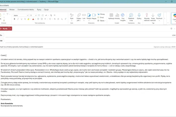 Jak się pisze maila? Ania Kowalska proponuje Slacka jako narzędzie do komunikacji z wolontariuszami, zamiast maili i SMS-ów.