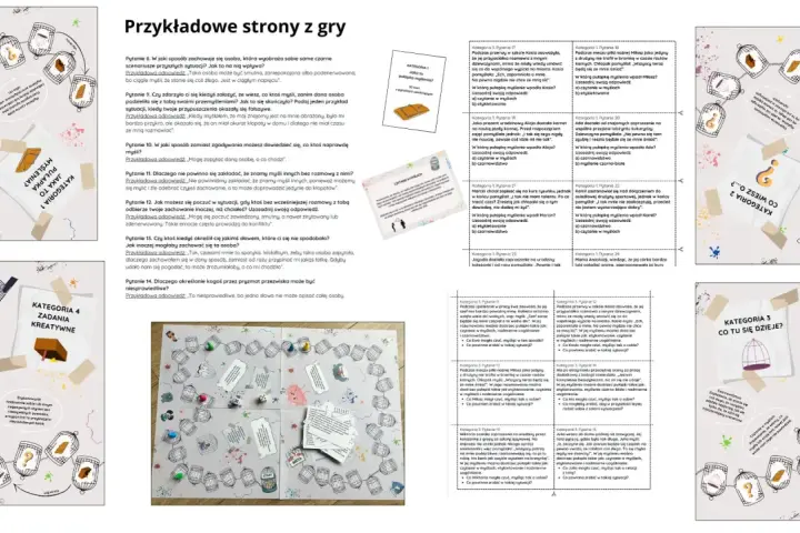 Gra planszowa "Przykładowe strony z gry" z pytaniami o pułapki myślenia. **Tiret co to**? To jedna z pułapek myślenia, np. czytanie w myślach.
