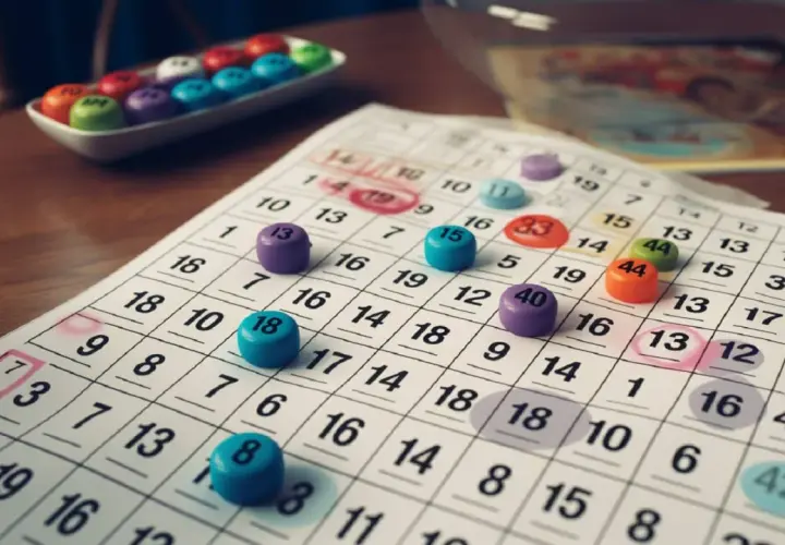 Kolorowe żetony na karcie do gry bingo. W tle widać tacę z kolejnymi żetonami.