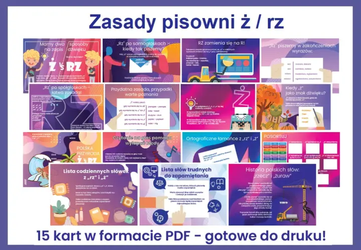 Zasady pisowni ż/rz: "rz" po spółgłoskach, zamiana "sz" na "rz", kiedy "ż" brzmi jak dźwięk "sz", czytanie na głos pomaga wyłapać błędy, ortograficzne łamańce, lista trudnych słów.