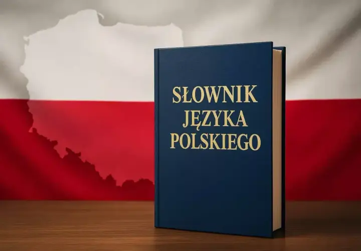 Granatowy słownik języka polskiego na tle polskiej flagi i mapy Polski.