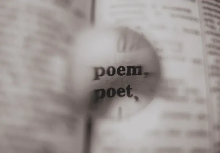 Słownikowe hasła "poem" i "poet" pod lupą, zachęcające do zgłębiania rodzajów rymów i tajników poezji.