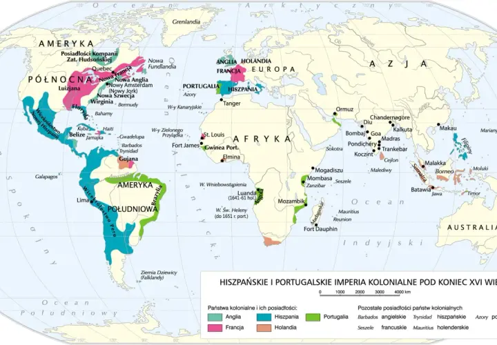 Mapa przedstawia kolonialne imperia Hiszpanii i Portugalii pod koniec XVI wieku. Zambo, jako symbol handlu, był kluczowy dla tych imperiów.