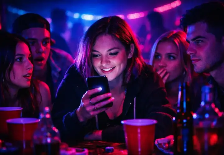Grupa przyjaciół gra w "prawda czy wyzwanie" przy blasku neonów. Dziewczyna z telefonem śmieje się, a jej znajomi patrzą z zaciekawieniem.