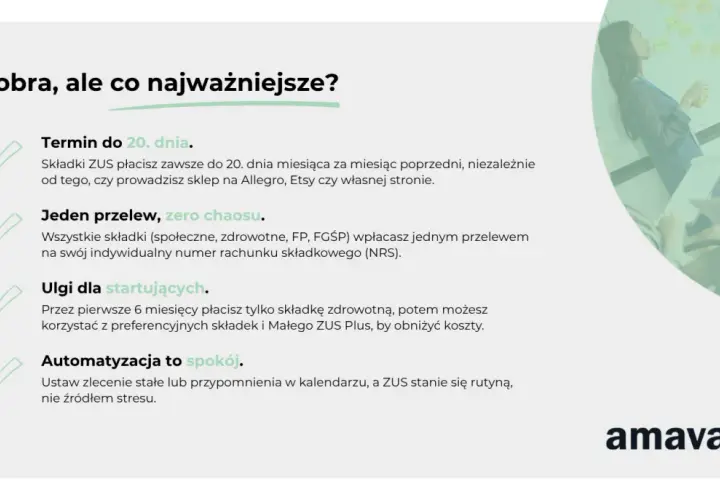 Termin do 20. dnia, jeden przelew, zero chaosu. Ulgi dla startujących. Automatyzacja to spokój. ZUS nie zniknie, ale stanie się rutyną.