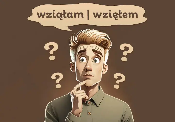 Zamyślony mężczyzna z pytajnikami wokół głowy zastanawia się nad poprawną formą: wzięłam czy wziąłem.
