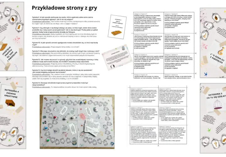 Gra planszowa "Przykładowe strony z gry" z pytaniami o pułapki myślenia. **Tiret co to**? To jedna z pułapek myślenia, np. czytanie w myślach.