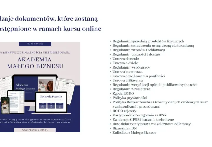 Lista dokumentów do kursu "Akademia Małego Biznesu": regulaminy, umowy, polityki, RODO, biznesplan i jakichś innych pomocnych materiałów.