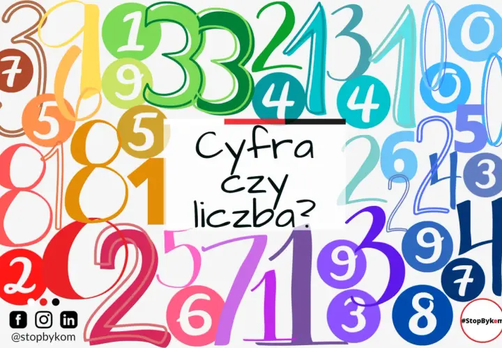 Kolorowe cyfry tworzą tło dla pytania "Cyfra czy liczba?". Widać tu wiele liczb, od 0 do 9, w różnych rozmiarach i barwach.