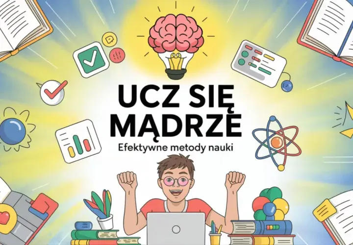 Chłopiec z laptopem, otoczony książkami i symbolami nauki, świętuje sukces dzięki efektywnym metody nauczania.