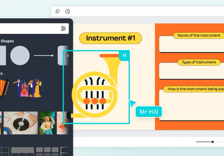 Tworzenie quizów o instrumentach muzycznych. Na ekranie widać grafikę waltorni i pola do wpisania nazwy, typu i sposobu gry.