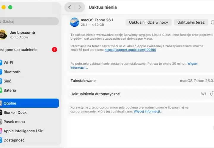 Uaktualnienie macOS Tahoe 26.1 jest dostępne. Wybierz tę czy tą opcję uaktualnienia, by cieszyć się nowymi funkcjami i poprawkami bezpieczeństwa.