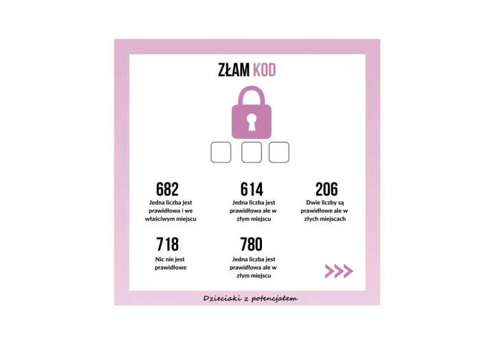 Złam kod! Zagadki logiczne dla dorosłych. Rozszyfruj kombinację liczb, analizując podpowiedzi.