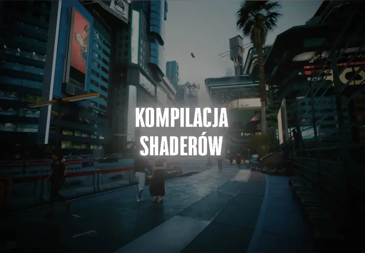 Kompilacja shaderów w futurystycznym mieście. Neonowe światła, wysokie budynki i ludzie spacerujący ulicami.