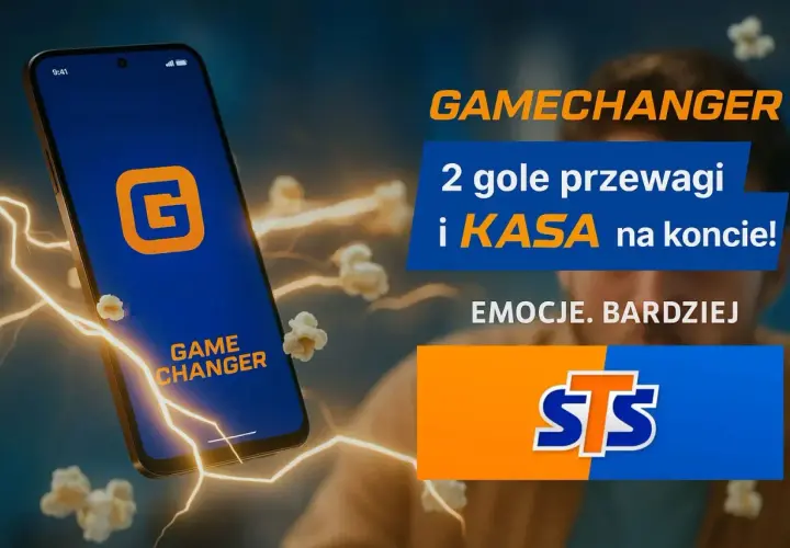 Telefon z aplikacją GAMECHANGER, błyskawice, popcorn. "2 gole przewagi i KASA na koncie!" - to znaczy, że wygrana jest pewna!