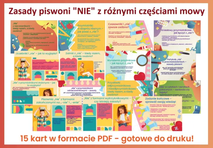Zasady pisowni "nie" z różnymi częściami mowy: przymiotniki, zaimki, czasowniki, przysłówki, partykuły.