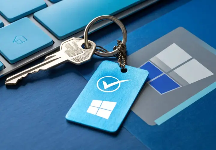 Klucz do systemu Windows, z breloczkiem z symbolem Windows i zaznaczeniem. Czy to orginał?