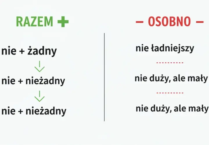 Jak piszemy nie z przymiotnikami: razem z "żadny" tworzy "nieżadny", a osobno "nie ładniejszy", "nie duży, ale mały".