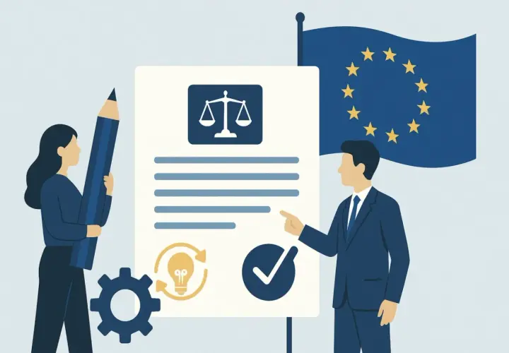 Ilustracja przedstawia ludzi przy dokumencie z wagą sprawiedliwości, flagą UE i ikonami.