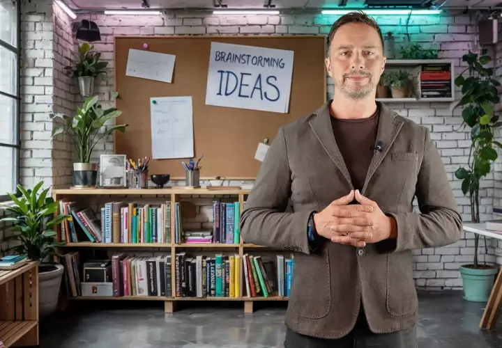 Mężczyzna w marynarce stoi przed tablicą z napisem "BRAINSTORMING IDEAS". W związku z tym, otoczenie sugeruje kreatywne środowisko pracy.