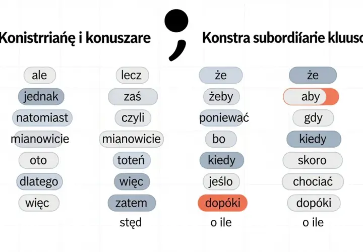 Tabela z polskimi spójnikami, np. "ale", "jednak", "aby", "kiedy", "dopóki", pokazująca, kiedy użyć przecinka.