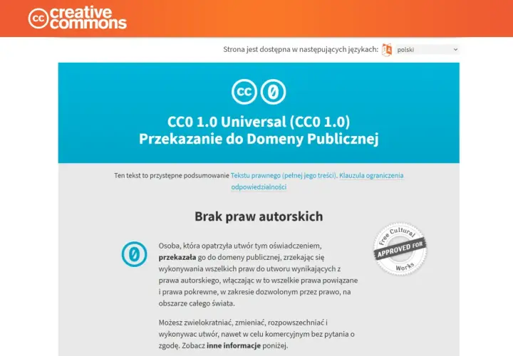 Logo Creative Commons i ikona CC0 z napisem "Przekazanie do Domeny Publicznej".