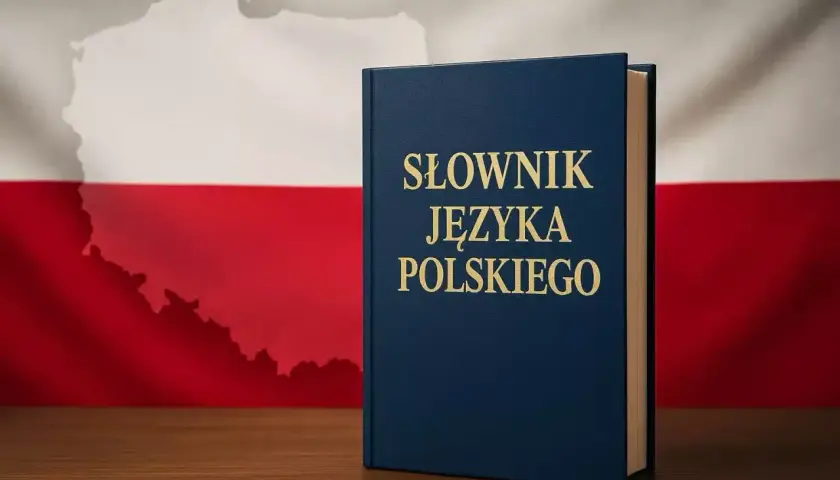 Granatowy słownik języka polskiego na tle polskiej flagi i mapy Polski.