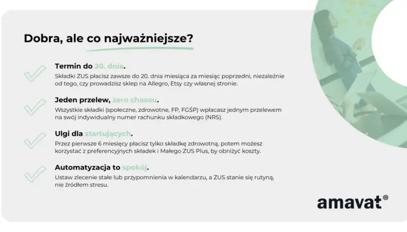 Termin do 20. dnia, jeden przelew, zero chaosu. Ulgi dla startujących. Automatyzacja to spokój. ZUS nie zniknie, ale stanie się rutyną.