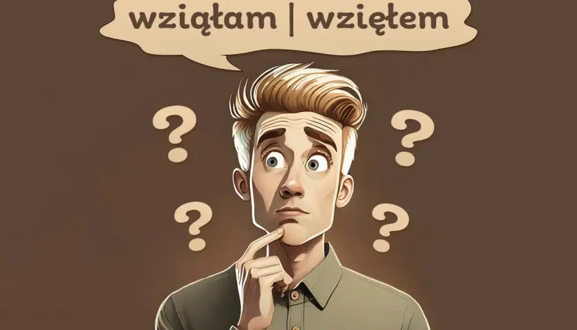 Zamyślony mężczyzna z pytajnikami wokół głowy zastanawia się nad poprawną formą: wzięłam czy wziąłem.