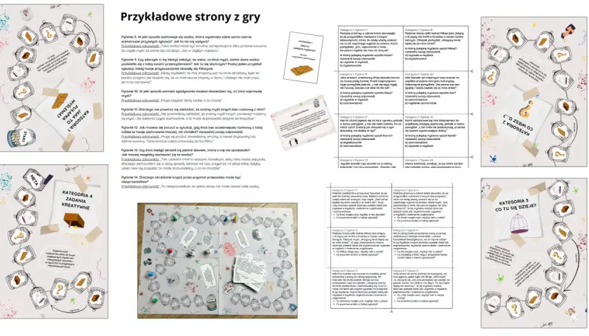Gra planszowa "Przykładowe strony z gry" z pytaniami o pułapki myślenia. **Tiret co to**? To jedna z pułapek myślenia, np. czytanie w myślach.