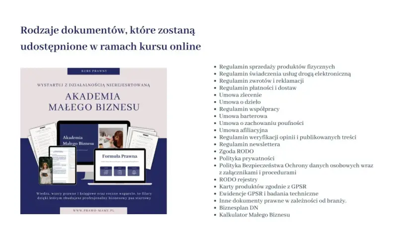 Lista dokumentów do kursu "Akademia Małego Biznesu": regulaminy, umowy, polityki, RODO, biznesplan i jakichś innych pomocnych materiałów.