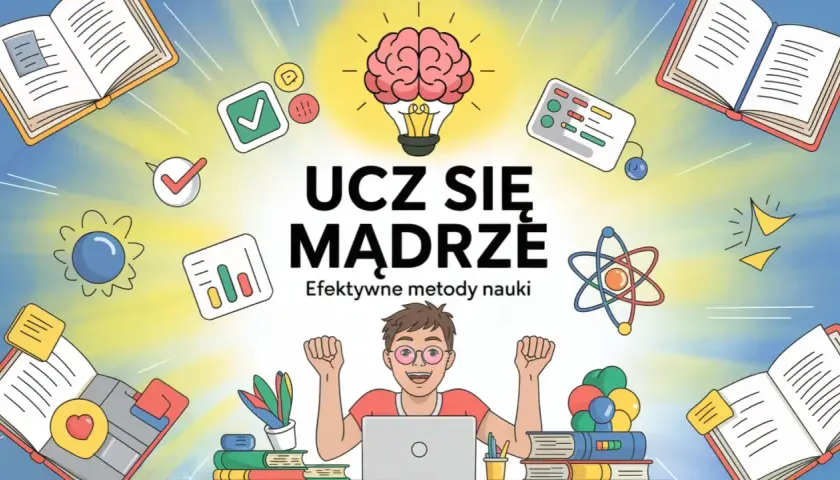 Chłopiec z laptopem, otoczony książkami i symbolami nauki, świętuje sukces dzięki efektywnym metody nauczania.