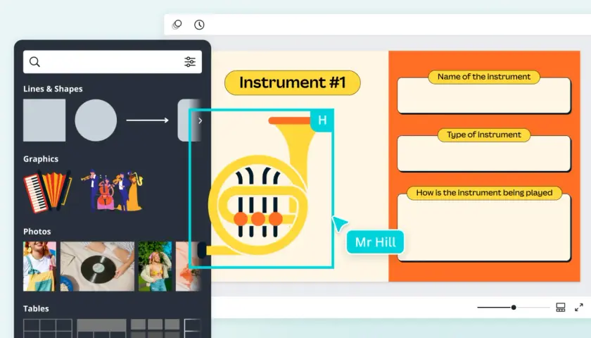 Tworzenie quizów o instrumentach muzycznych. Na ekranie widać grafikę waltorni i pola do wpisania nazwy, typu i sposobu gry.