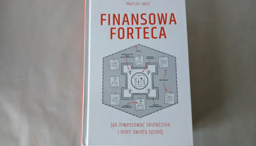 Okładka książki "Finansowa forteca" Marcina Iwucia. Grafika przedstawia fortecę z elementami jak "poduszka finansowa" i "portfel długoterminowy".