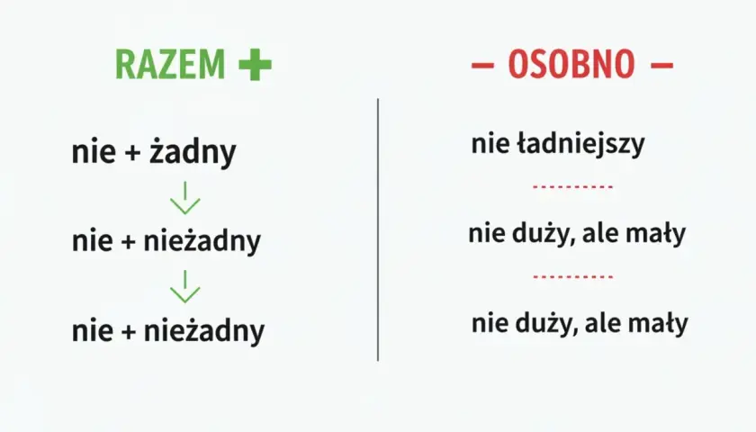 Jak piszemy nie z przymiotnikami: razem z "żadny" tworzy "nieżadny", a osobno "nie ładniejszy", "nie duży, ale mały".