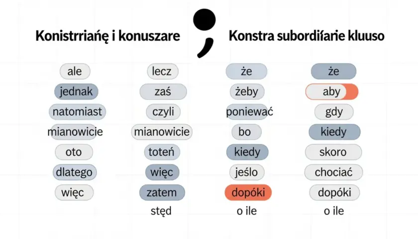 Tabela z polskimi spójnikami, np. "ale", "jednak", "aby", "kiedy", "dopóki", pokazująca, kiedy użyć przecinka.